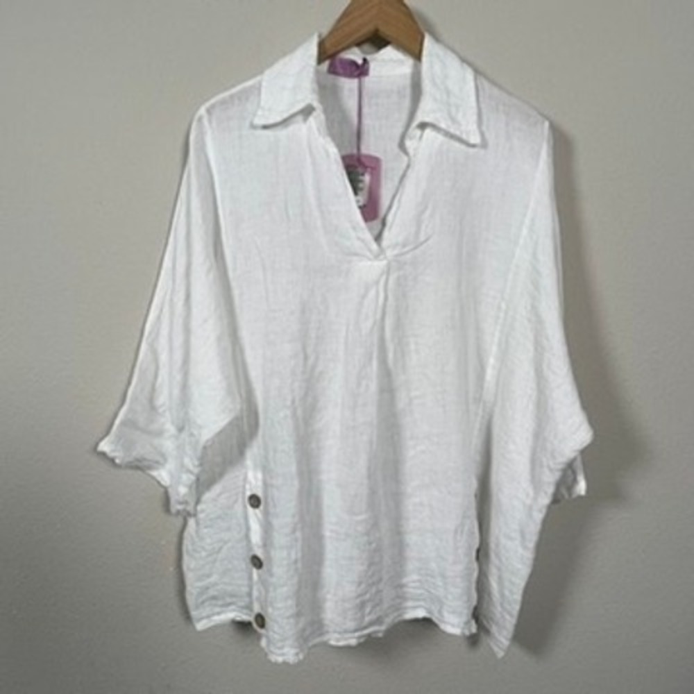 Marisima Linen Tunic Top Womens One Size White New Italian Boho‎ Coastal